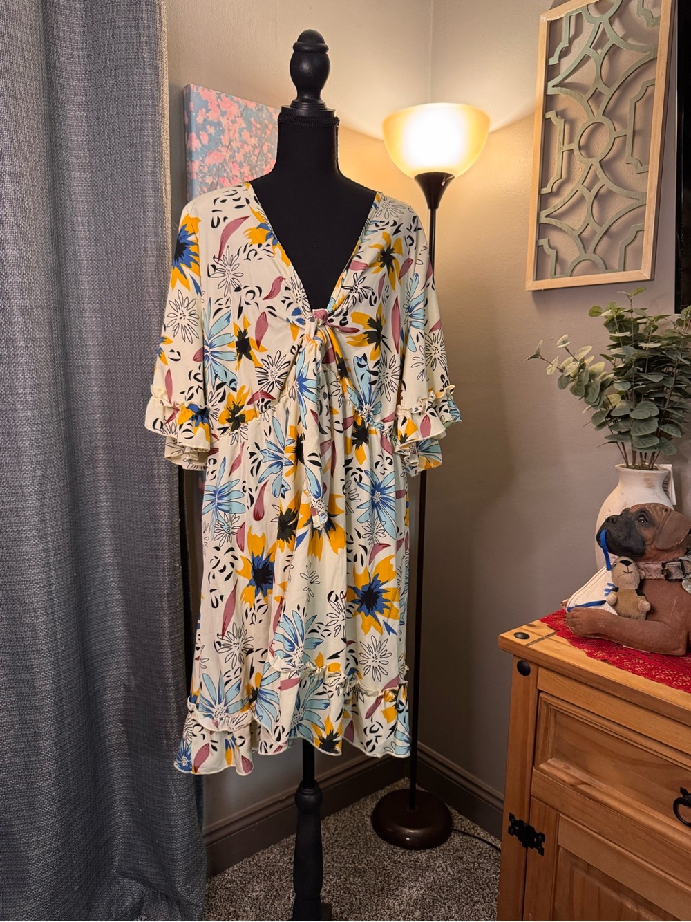 SHEIN Curve Cream Floral Tie-Front Midi Dress with Blue, Yellow and Pink Accents
